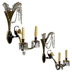 Neoclassical Style, Swan Sconces, Gilt Metal, Crystal, France, 1930s