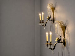 Neoclassical Style, Swan Sconces, Gilt Metal, Crystal, France, 1930s