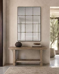 Estilo barroco, espejo de pared rectangular de plata, cristal eglomizado, madera teñida