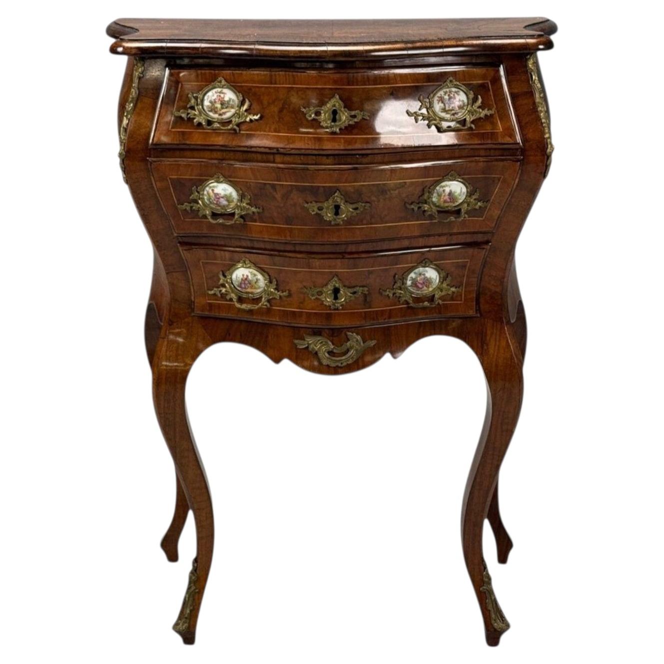Louis XV Style, Small Bombay Chest, Walnut, Porcelain, Bronze, Austria, 19th c. For Sale