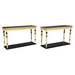Maison Jansen attr, Neoclassical Style Console Tables, Carved Wood, Black Marble