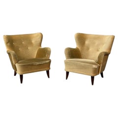 Ilmari Lappalainen, fauteuils de salon, hêtre, velours, Finlande, années 1950