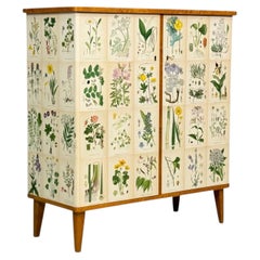 Swedish Modern, Nordens Flora Cabinet, Birch, Floral Lithographs, Sweden, 1940s