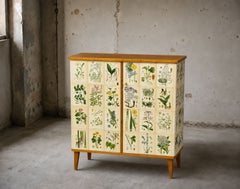 Swedish Modern, Nordens Flora Cabinet, Birch, Floral Lithographs, Sweden, 1940s