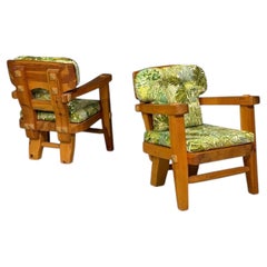 Stig Sandqvist, Brutalist Lounge Chairs, Pine, Green Fabric, Sweden, 1960s