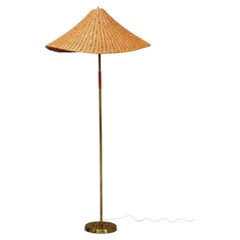 V. Soini Oy, Rare Floor Lamp, Brass, Leather, Rattan, Finland, 1950s