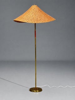V. Soini Oy, Rare Floor Lamp, Brass, Leather, Rattan, Finland, 1950s