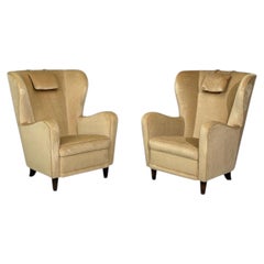 Finnish Modern, Wingback Chairs, Beige Velvet, Wood, Finland, 1950s