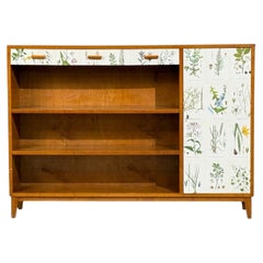 Swedish Modern, Nordens Flora Bookcase, Birch, Floral Lithographs, Sweden, 1940s