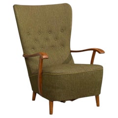 Style moderne danois, fauteuil de salon à dossier haut, orme, laine, Danemark, années 1950