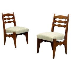 Guillerme & Chambron, Dining Chairs, Oak, Green Fabric, France, 1950s