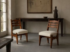 Guillerme & Chambron, Dining Chairs, Oak, Green Fabric, France, 1950s