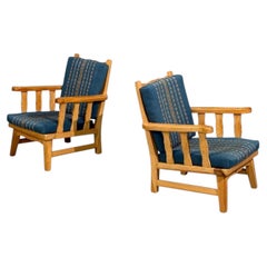 Krogenes Møbler, Lounge Chairs, Pine, Blue Fabric, Norway, 1970s