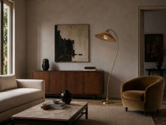 V. Soini Oy, Rare Floor Lamp, Brass, Leather, Rattan, Finland, 1950s