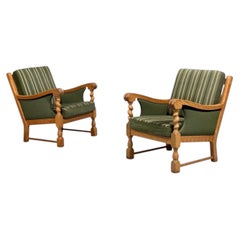 Henning Kjaernulf Style, Lounge Chairs, Oak, Fabric, Denmark, 1970s