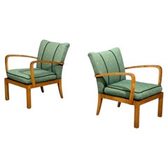 Swedish Modern, Lounge Chairs, Hardwood, Fabric, Sweden, 1940s