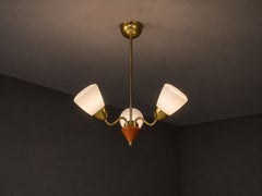 Swedish Modern, Pendant Light, Brass, Glass, Teak, Sweden, 1950s
