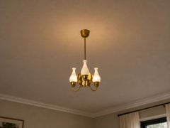 Danish Moden, Pendant Light, Polished Brass, Opal Glass, Denmark, 1950s