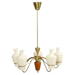 Swedish Modern, Chandelier, Brass, Mahogany, Glass, Sweden, 1940s