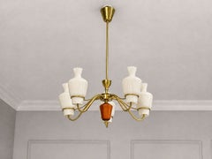 Swedish Modern, Chandelier, Brass, Mahogany, Glass, Sweden, 1940s