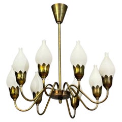 Fog & Mørup, Tulip Chandelier, Opal Glass, Brass, Denmark, 1950s