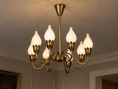 Fog & Mørup, Tulip Chandelier, Opal Glass, Brass, Denmark, 1950s