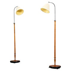 Swedish Modern, Floor Lamps, Burl, Ebonized Wood, Fabric, Sweden, 1940s