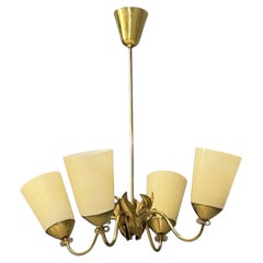 Itsu Oy, Finnish Modern, Chandelier, Brass, Opal Glass, Finland, 1950s