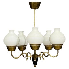 Danish Modern, Pendant Light, Brass, Etched Glass, Denmark, 1950s