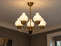 Danish Modern, Pendant Light, Brass, Etched Glass, Denmark, 1950s