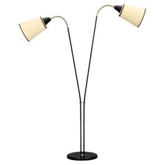 Swedish Modern, Floor Lamp, Black Lacquered Metal, Brass, Fabric, Sweden, 1960s