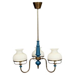 Swedish Modern, Pendant Light, Blue Lacquered Wood, Glass, Brass, Sweden, 1940s