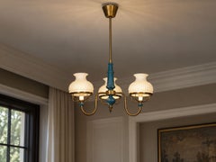 Swedish Modern, Pendant Light, Blue Lacquered Wood, Glass, Brass, Sweden, 1940s
