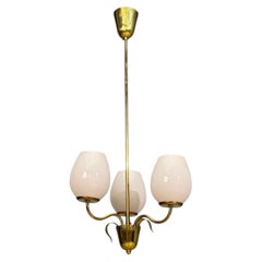 Idman, Finnish Modern, Pendant Light, Brass, Pink Tinted Glass, Finland, 1950s