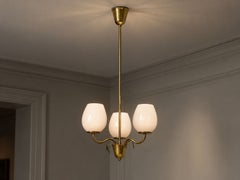 Idman, Finnish Modern, Pendant Light, Brass, Pink Tinted Glass, Finland, 1950s
