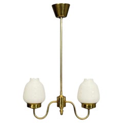 Swedish Modern, Pendant Light, Etched Opal Glass, Brass, Sweden, 1950s