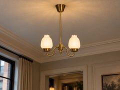 Swedish Modern, Pendant Light, Etched Opal Glass, Brass, Sweden, 1950s
