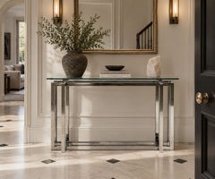 Constructivist Style, Console Table, Chromed Steel, Beveled Glass, USA, 1980s