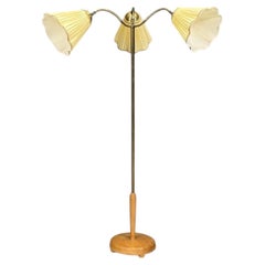 Swedish Modern, Adjustable Floor Lamp, Birch, Brass, Silk, Sweden, 1950s