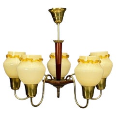 Swedish Modern, Chandelier, Brass, Wood, Yellow Glass, Sweden, 1950s