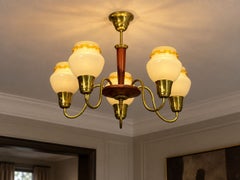 Swedish Modern, Chandelier, Brass, Wood, Yellow Glass, Sweden, 1950s