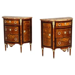 Louis XVI, Diminutive Demilune Commodes, Inlaid Wood, Bronze, France, 19th c.