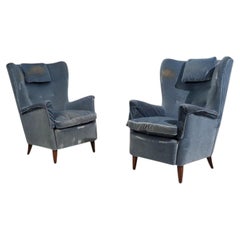 Ebanista danés, sillones de salón, terciopelo azul, madera teñida, Dinamarca, década de 1950