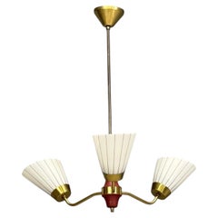 Swedish Modern, Three-Light Pendant Light, Brass, Wood, Glass, Sweden, 1950s