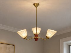 Swedish Modern, Three-Light Pendant Light, Brass, Wood, Glass, Sweden, 1950s