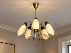 German Modern, Five-Light Chandelier, Brass, Metal, Glass, Germany, 1950s
