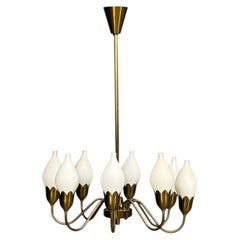 Fog & Mørup, Tulip Chandelier, Opal Glass, Brass, Denmark, 1950s