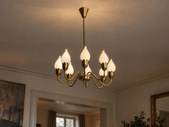 Fog & Mørup, Tulip Chandelier, Opal Glass, Brass, Denmark, 1950s