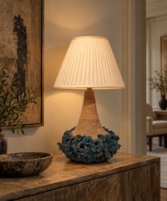 Hanne Stentøj, Large Brutalist Table Lamp, Blue Stoneware, Denmark, 1979