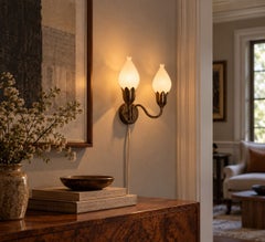 Fog & Mørup, Danish Modern, Double Wall Light, Brass, Glass, Denmark, 1950s